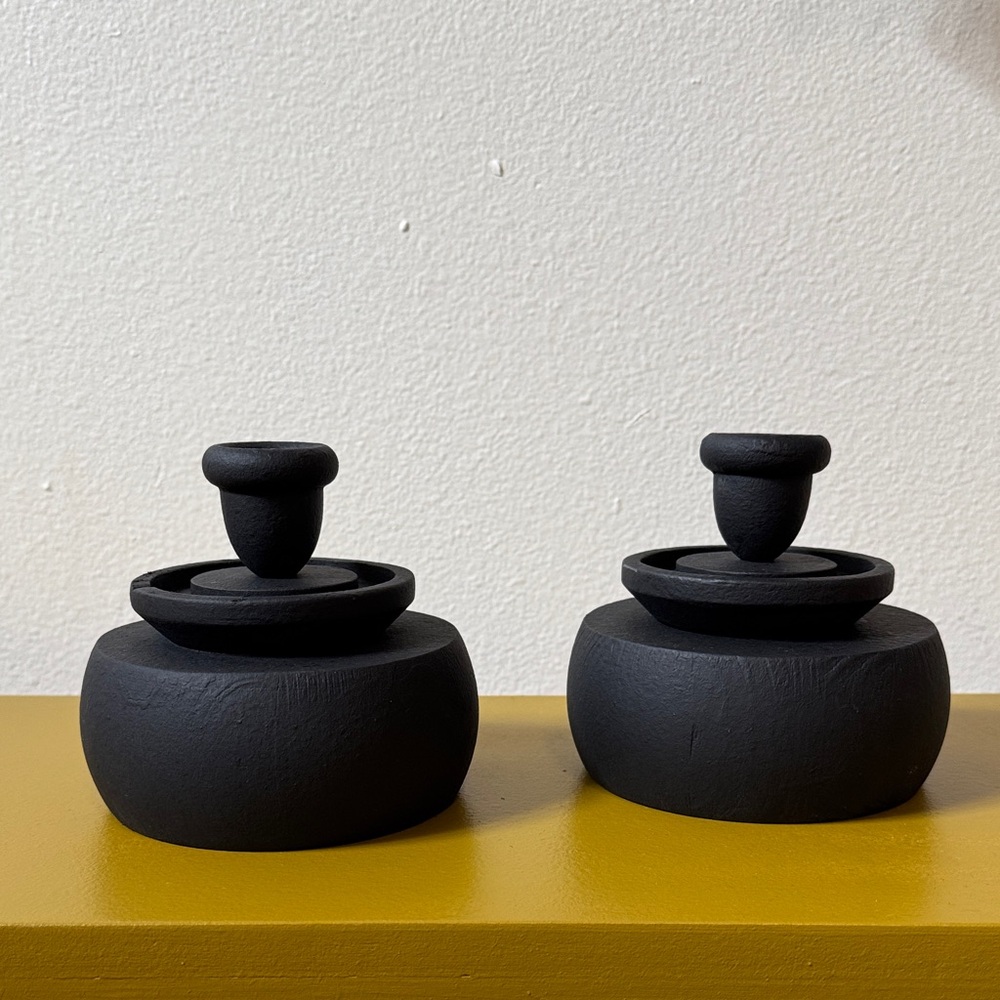 Matte Black wood candle holders- Set of 2